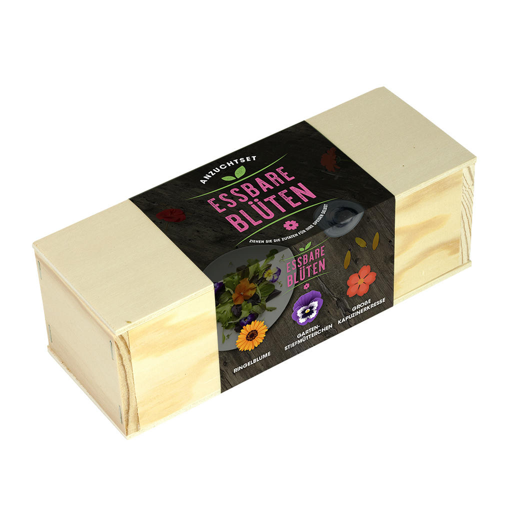 Kräuterbox Anzuchtset Essbare Blüten (Ringelblume, Gartenstiefmütterchen, große Kapuzinerkresse)